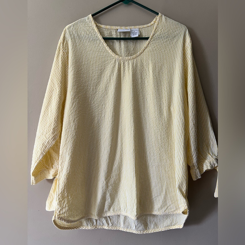 Vermont Country Store size L yellow and white vertical stripe 3/4 sleeve, tunic.